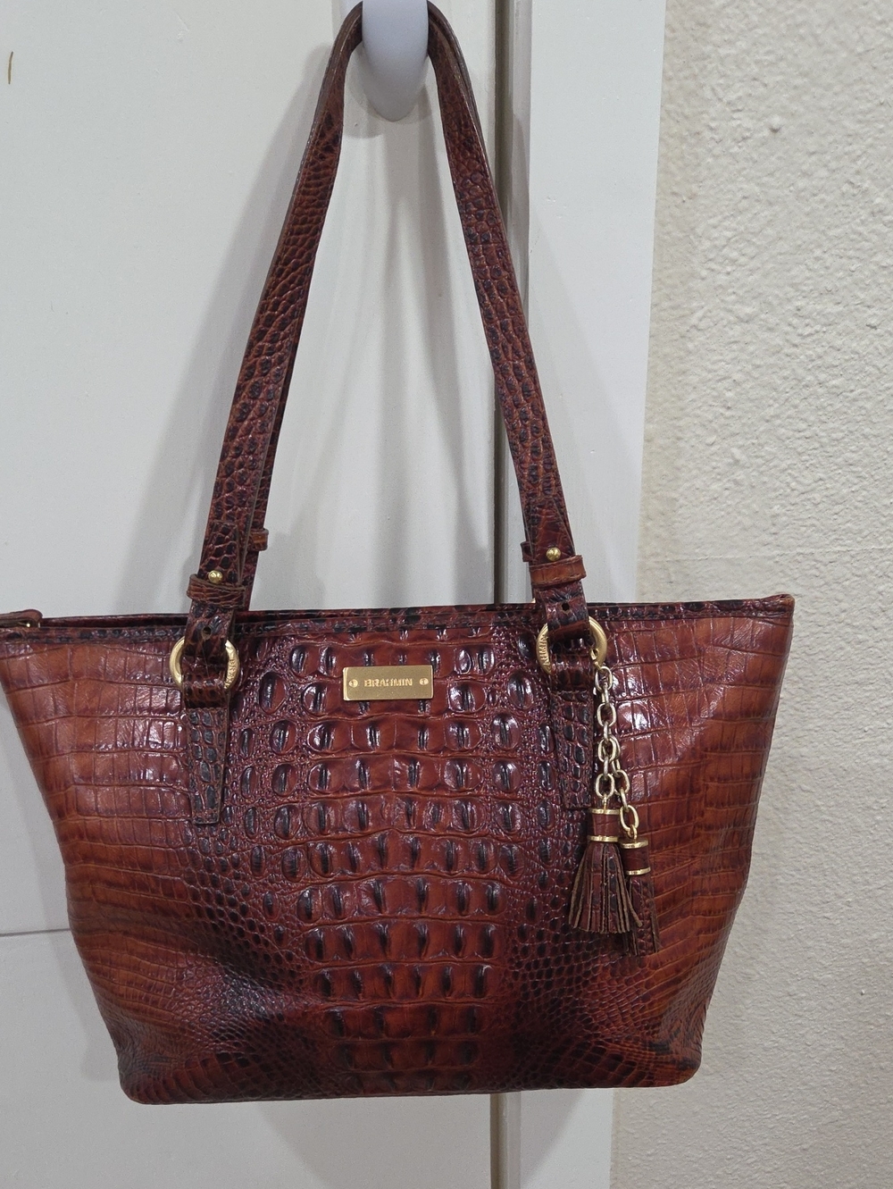 Brahmin Chestnut Croc-Embossed Leather Shoulder Tote